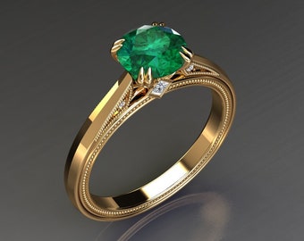 Emerald Solitaire Engagement Ring 1.25 Carat Green Emerald Victorian Style Engagement Ring 14k or 18k Yellow Gold Emerald Anniversary Ring