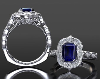 Blue Sapphire Engagement Ring Emerald Cut Blue Sapphire And Diamond Engagement Ring In 14k or 18k White Gold Blue Sapphire Anniversary Ring