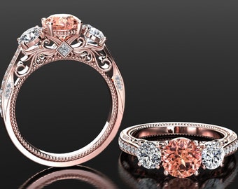 Peach Sapphire Engagement Ring Champagne Sapphire And Diamond Unique Engagement Ring 14k or 18k Rose Gold Three Stone Ring Anniversary Ring