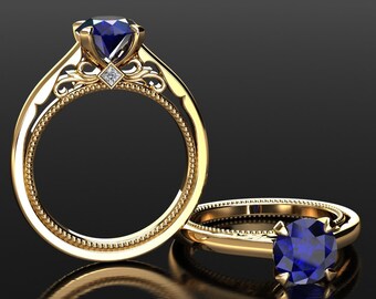 Blue Sapphire Engagement Ring 1.50 Carat Blue Sapphire And Diamond Unique Engagement Ring 14k or 18k Yellow Gold Solitaire Engagement Ring
