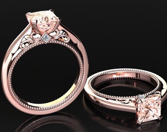 Morganite Engagement Rings Princess Cut Peach Morganite And Diamond Solitaire Engagement Ring 14k or 18k Rose Gold Anniversary Ring