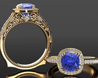 Cushion Cut Tanzanite Halo Engagement Ring 1.70 Carat Natural Tanzanite And Diamond Modern Engagement Ring 14k or 18k Yellow Gold