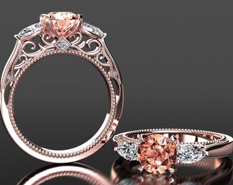 Peach Sapphire Engagement Ring Champagne Sapphire And Diamond Unique Engagement Ring 14k or 18k Rose Gold Three Stone Ring Anniversary Ring