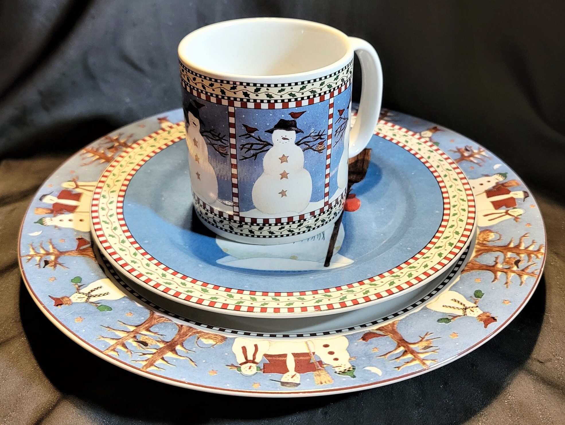 Three Dish Set Sakura Genuine Stoneware Christmas Snowman Debbie