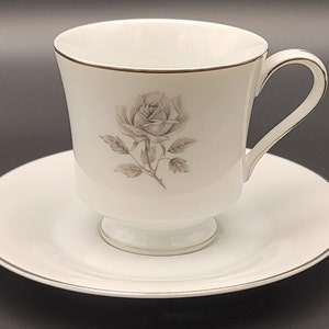 Vintage International Fine China Footed Cup and Saucer: Platinum Trim, Gray Rose, 1950s