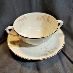 RARE Cream Soup Bowl and Saucer Pope Gosser China Made in USA Clementine 1126 Vintage 1957