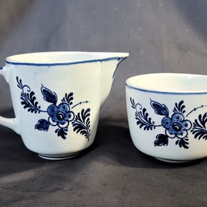 Open Sugar & Creamer Rare Delft Dutch Tin Glazed Earthenware Hand Painted Mid Century