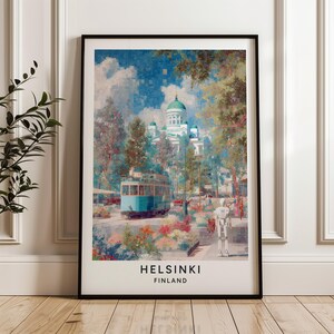 Poster turistico robot di Helsinki – Stampa artistica della città retro-futura, cattedrale con tram d'epoca, stile pixel testurizzato