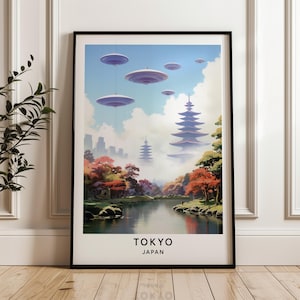 Futuristic Japan Travel Poster | UFOs Over Pagoda | Sci-Fi Wall Art | Alien Invasion Landscape | Surreal Japanese Decor