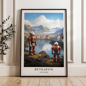 Poster di robot di Reykjavík - Stampa di viaggio in Islanda con robot retrò, arte murale nordica futuristica