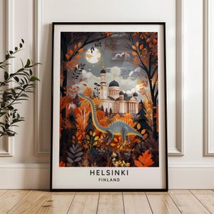 Pôster de dinossauro de Helsinque – Impressão de fantasia de outono, decoração de pôster de viagem caprichosa, presente exclusivo para fãs da Finlândia