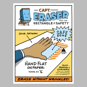 May include: A cartoon illustration of a superhero eraser with a cape and a rectangle of safety zone. The illustration shows a hand holding an eraser over a piece of paper with the text "Hand flat on paper, make an "L" and "Plus... Erasing in corners! Push out toward the corner/edge - Lift and repeat!!!" and "Erase without wrinkles!"