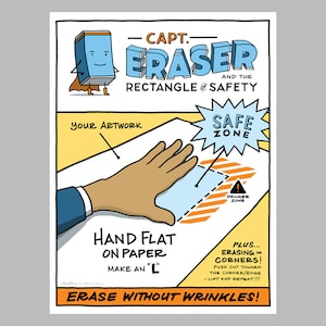 May include: A cartoon illustration of a superhero eraser with a cape, holding a piece of paper. The illustration shows the correct way to hold an eraser to avoid wrinkles, with the hand flat on the paper and an 'L' shape formed by the hand and the paper. The illustration also shows a safe zone and a danger zone on the paper. The text on the illustration reads: "Capt. Eraser and the Rectangle of Safety", "Your Artwork", "Safe Zone", "Danger Zone", "Hand Flat on Paper", "Make an 'L'", "Plus... Erasing in Corners! Push out toward the corner/edge - Lift and repeat!!!", and "Erase Without Wrinkles!"