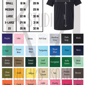 Pu&ograve; includere: Un grafico che mostra la taglia, la larghezza e la lunghezza di una maglietta unisex in pollici. Il grafico include le taglie dalla XS alla 2X. Sotto il grafico c'&egrave; una tabella di colori con 20 diverse opzioni di colore per la maglietta.