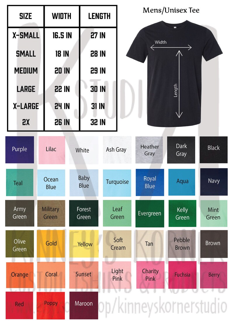 Pu&ograve; includere: Un grafico che mostra la taglia, la larghezza e la lunghezza di una maglietta unisex in pollici. Il grafico include le taglie dalla XS alla 2X. Sotto il grafico c'&egrave; una tabella di colori con 20 diverse opzioni di colore per la maglietta.