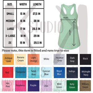 May include: A size chart for a tank top with measurements in inches. The chart shows the width and length of the tank top in different sizes: small, medium, large, x-large, and 2x. The tank top is shown in a light green color.
