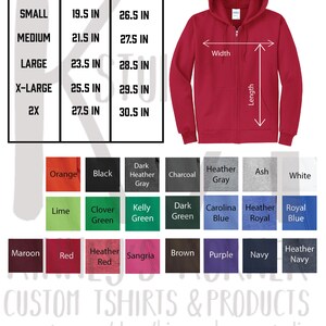 Pu&ograve; includere: Una felpa con cerniera rossa con una tabella delle taglie che mostra le misure in pollici. La tabella include le taglie S, M, L, XL e 2XL. La felpa &egrave; mostrata su uno sfondo bianco. Sotto la tabella c'&egrave; una tabella dei colori con vari colori di felpe.