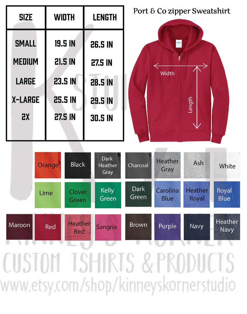Pu&ograve; includere: Una felpa con cerniera rossa con una tabella delle taglie che mostra le misure in pollici. La tabella include le taglie S, M, L, XL e 2XL. La felpa &egrave; mostrata su uno sfondo bianco. Sotto la tabella c'&egrave; una tabella dei colori con vari colori di felpe.