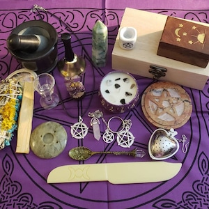 Complete Altar Kits - Triple Moon or Pentacle- Mortar & Pestal, Herb Box, Altar Cloth, Hand Bell, Tile, Candle Holder,  Athame + More!