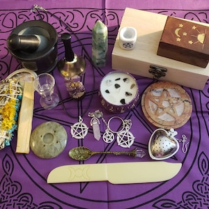 Complete Altar Tool Kits - Triple Moon or Pentacle- Mortar & Pestal, Herb Box, Altar Cloth, Hand Bell, Tile, Candle Holder,  Athame + More!