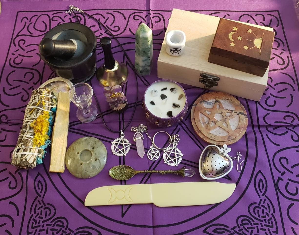 Witchcraft Kit with 90 Wiccan Supplies for Beginner and advanced witches.  Witch Kit. Wiccan Alter Kit with Altar supplies and Apothecary kit. Spell