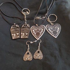 Ouiji Board or Planchet Necklace & Keychain Set, with or without Cat Planchet earrings!