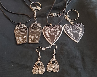 Ouiji Board or Planchet Necklace & Keychain Set, with or without Cat Planchet earrings!