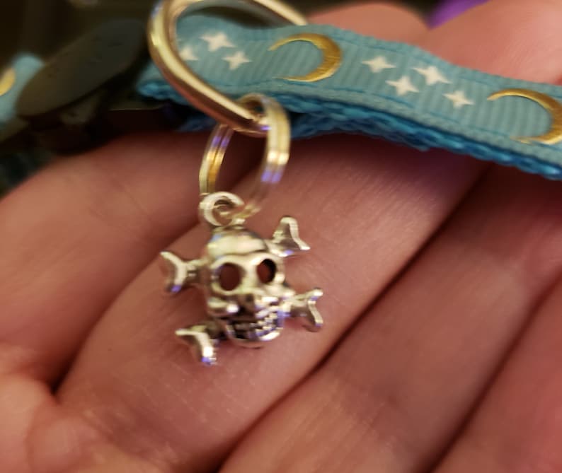 Puede incluir: Encanto de calavera de plata con huesos cruzados, unido a un llavero dorado. El encanto cuelga de una cinta azul con medias lunas doradas y estrellas blancas.