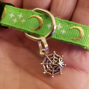 Puede incluir: Un collar de gato verde y dorado con un dije de telara&ntilde;a de plata. El collar tiene un patr&oacute;n de media luna y estrellas.