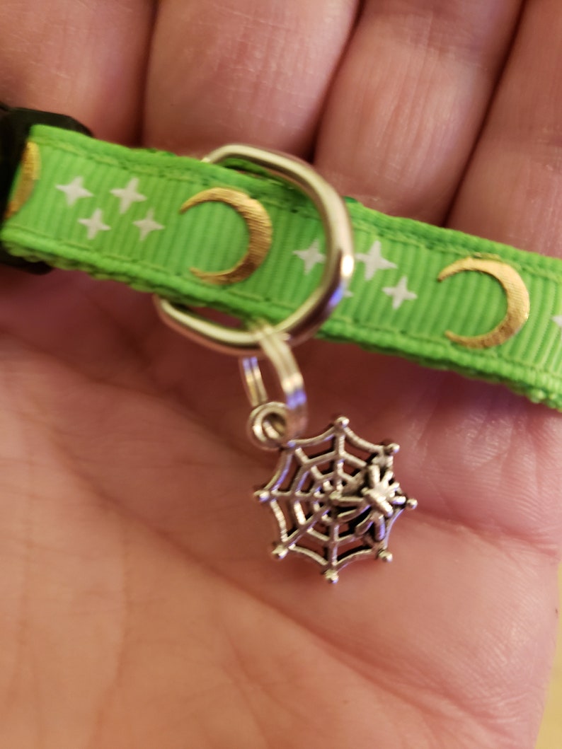 Puede incluir: Un collar de gato verde y dorado con un dije de telara&ntilde;a de plata. El collar tiene un patr&oacute;n de media luna y estrellas.