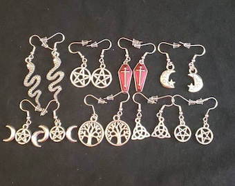 8 Styles of Earrings! Witchy, Gothic and Cute!  Triple Moon Pentacle Pentagram Coffin Triquetra Snake FREE Mystery Tarot and Gift!