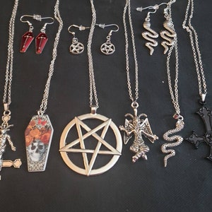 Baphomet Pentagram Jewelry- Pick Your Necklace and Earrings! Baphomet Baphomet on Inverted Cross Pentagram Snakes Upside Cross Coffins