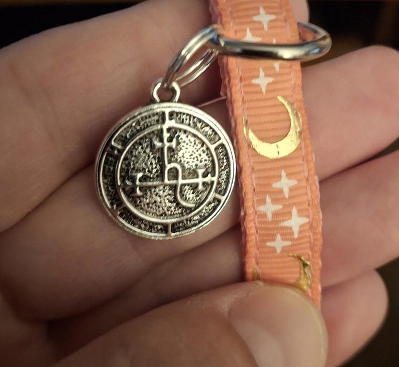 Collares de gato mágicos que brillan en la oscuridad con carga de luna llena. 6 colores a elegir. 10 amuletos a elegir. Triple luna. Símbolo de Lucifer. Triqueta. NUEVO Símbolo de Lilith. imagen 11