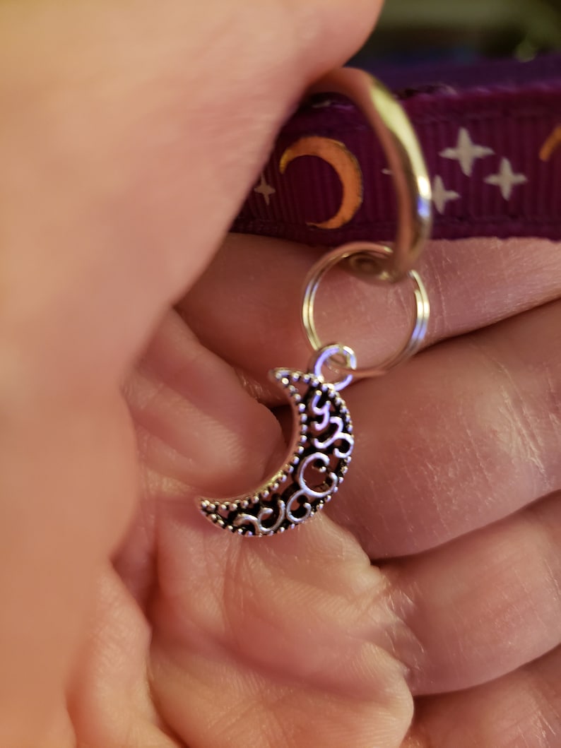 Puede incluir: Encanto de luna creciente de plata con un dise&ntilde;o de filigrana decorativo. El encanto est&aacute; unido a un anillo de plata.