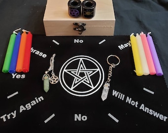 Juego de péndulo con caja de almacenamiento: péndulo, cristal, palo, candelabro, campana y 2 velas. ¡Tú eliges tu intención!