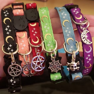 Full Moon Charged Glow in the Dark Witchy Cat Collars 6 Color Choices 10 Charm Choices Triple Moon Lucifer Sigil Triquetra NEW Lilith Sigil