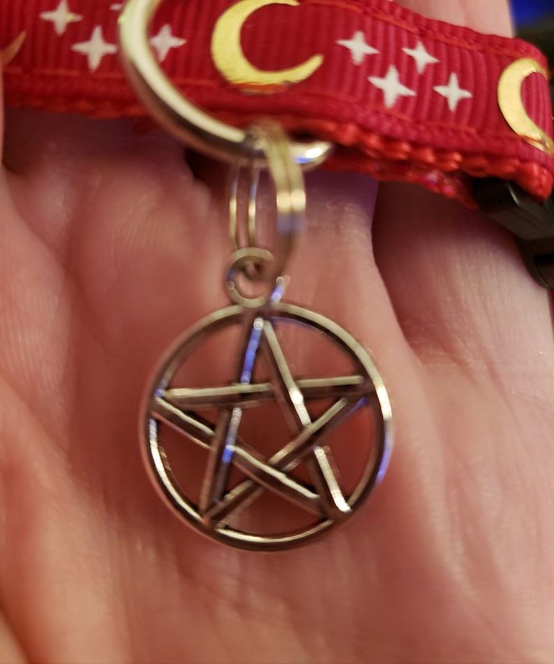 Puede incluir: Un amuleto de pentagrama plateado en un llavero plateado. El amuleto es una estrella de cinco puntas con un c&iacute;rculo alrededor.