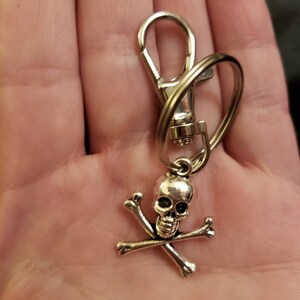 May include: Silver skull and crossbones keychain with a silver swivel clasp.