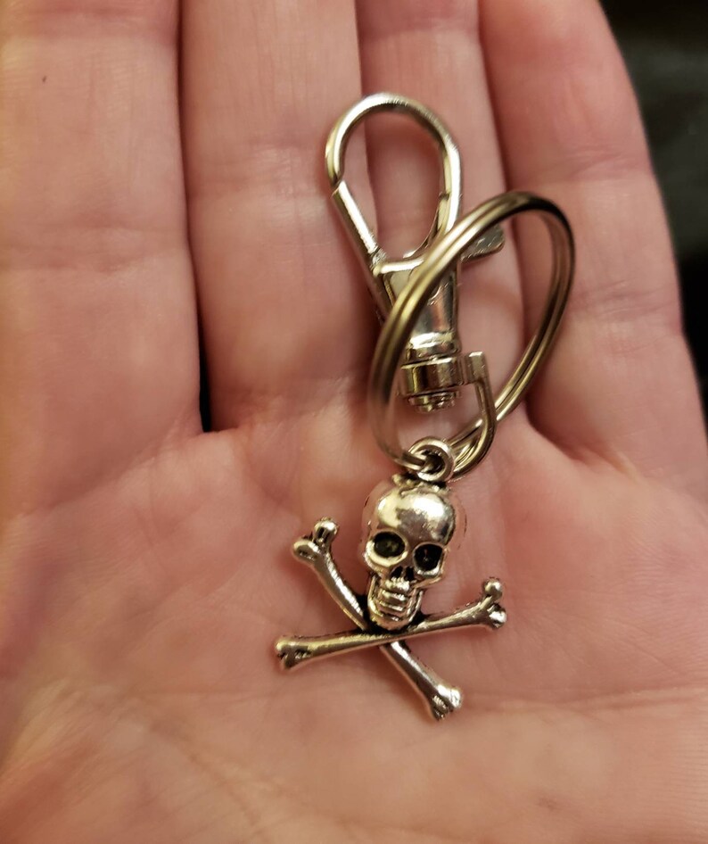 May include: Silver skull and crossbones keychain with a silver swivel clasp.