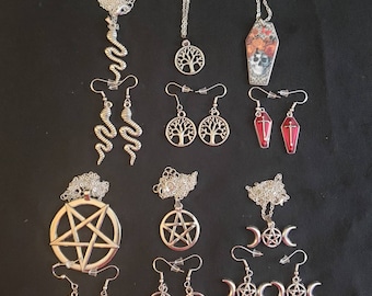Necklace with Keychain or Earrings 5 Choices-  Triple moon Pentacle Inverted Cross Coffins and more Free Mystery Tarot and Crystal