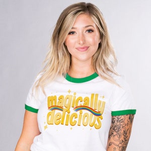 Magically Delicious White with Green Ringer Tee, Trendy Funny St. Patrick's Day Graphic Tee, Festive College Party Shirt, Rainbow Leprechaun