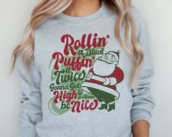 Sweat-shirt ras du cou de Noël Puffin' It Twice, Sweat-shirt de Noël contre les mauvaises herbes, Sweat-shirt de Noël avec la marijuana, Vêtements de vacances