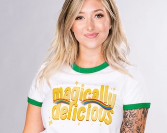 Magically Delicious White with Green Ringer Tee, Trendy Funny St. Patrick's Day Graphic Tee, Festive College Party Shirt, Rainbow Leprechaun
