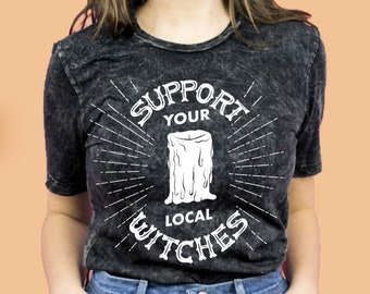 Support Your Local Witches Black Mineral Wash Shirt, Witchy Halloween Tee Vintage Candle