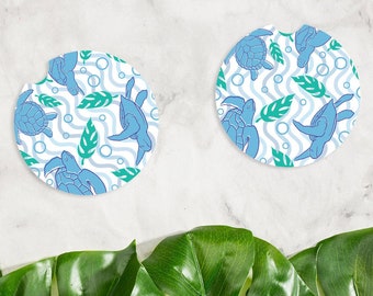 Wave Turtle Pattern Car Coasters Cute Car Decor Ceramic Coaster Inserts Fun Turtle Lover Spring Summer Beach Gift