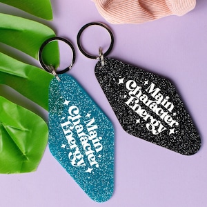 Main Character Energy Glitter Motel Keychain, Cute Retro style Girl Power Strong Female Lead Keychain Gift