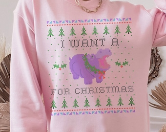 I Want A Hippo For Christmas Ugly Holiday Crewneck Sweater, Holiday Apparel, Ugly Christmas Sweater, Funny, Festive, Holiday Sweater