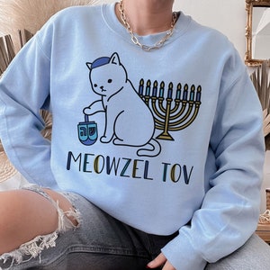 Meowzel Tov Crewneck Sweatshirt, Festive Cat Mazel Tov Holiday Hanukkah Crewneck Sweatshirt, Ugly Holiday Sweater