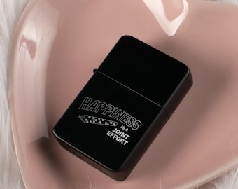 Seeking Happiness Lighter with Tin Case: Matte Black and Pink Small Laser Engraved Lighters