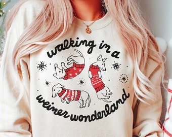 Walking In A Weiner Wonderland Ugly Holiday Sweater, Crewneck Sweatshirt, Funny Christmas, Festive, Holiday Sweater, Dog Lover, Weiner Dog